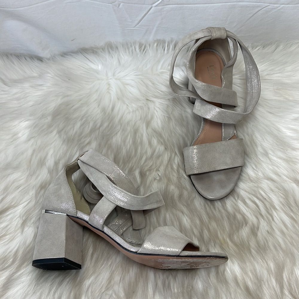 Lewit Metallic Tan Ankle Wrap Suede Block Heel Sandals Sz 37.5/7.5